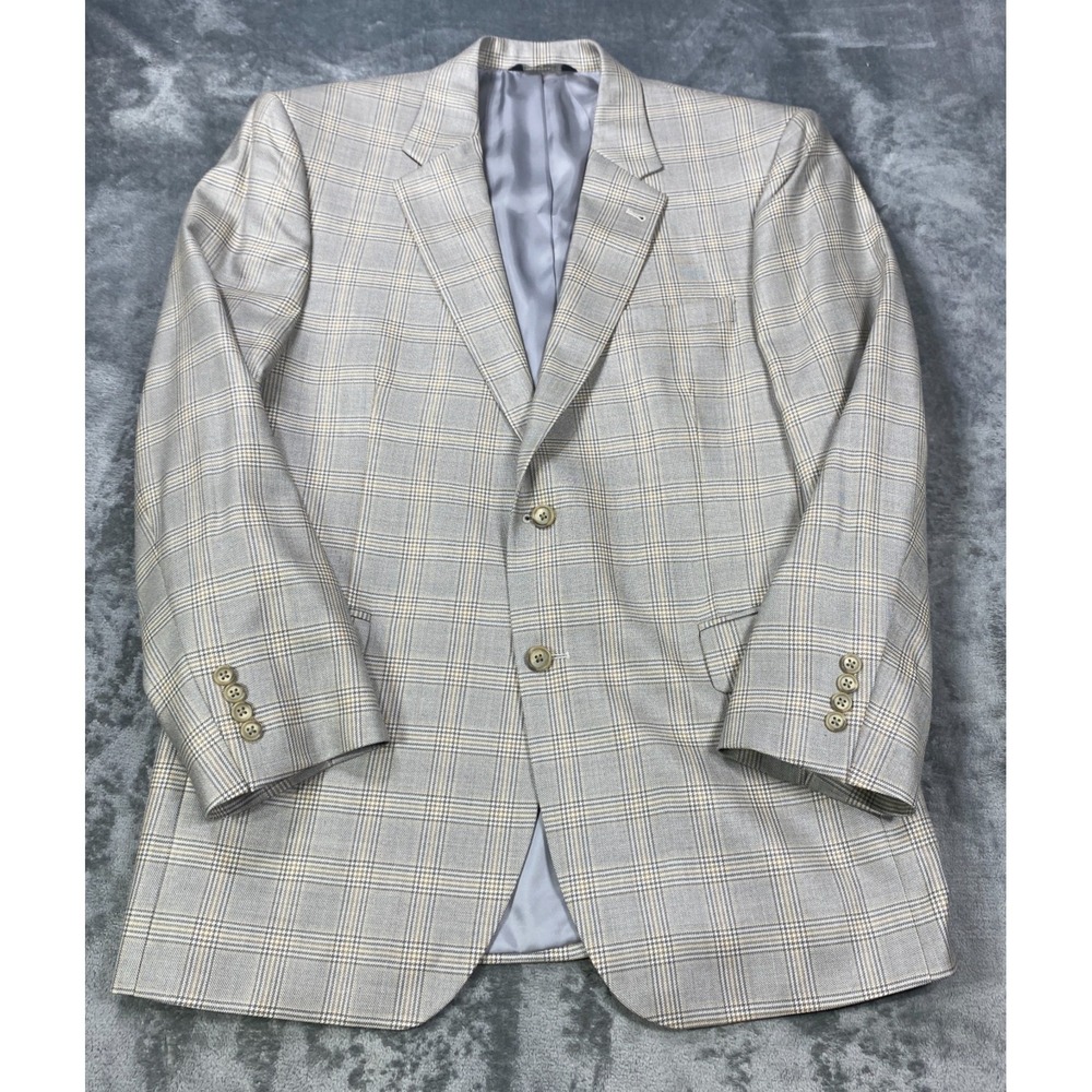 Jos A Bank Blazer 43R Beige Windowpane Silk Wool Sport Coat Houndstooth Suit